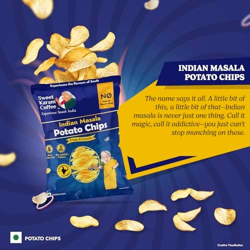 Sweet Karam Coffee Potato Chips | Indian Masala Flavor – Pack of 4 (60g each) | No Palm Oil & Preservatives | Handcrafted Crispy Potato Wafers | Authentic South Indian Crunchy Tea-Time Snack 3