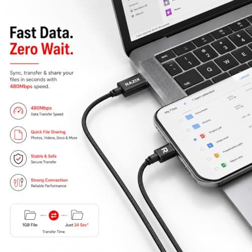 Razix LINK X 60W USB-A to Type-C Fast Charging Cable (1m, Black) 3