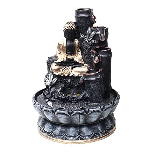 VIAVRS Black-Gold polyresin Buddha Water Fountain with led Light for Home Decor Living Room Office or Garden Indoor Waterfall Fountain Gift 3