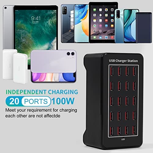 20-Port 100 W(20 A) Multiple USB Charger Station，RISWOJOR Multiport USB Charging Station with Intelligent Detection, Compatible with Smartphones, Tablets, and More Devices 5