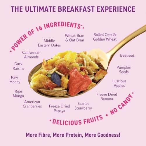 Bagrry’s Crunchy Fruit & Nut Muesli with 30% Real Fruits, Nuts & Seeds– 750G | 16 Real & Freeze Dried Fruits, Nuts, Seeds & Berries Muesli | No Candy | 38% High Fibre Oats, No Cornflakes | Fibre & Pro 3