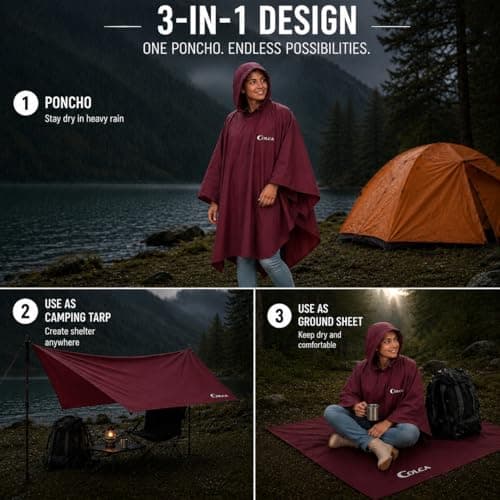 Colca Rain Poncho for Women | Waterproof | Heavy Duty | Reusable | for Camping | Trekking | Hiking | Army | Urban Use | Maroon 5