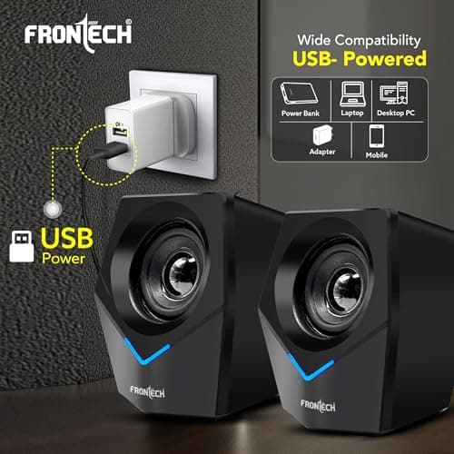 FRONTECH 2.0 Multimedia Speakers: 10W USB-Powered PC/Laptop/Mobile Speakers with 3.5mm AUX & Blue LED Lighting. (SPK-0011) 3
