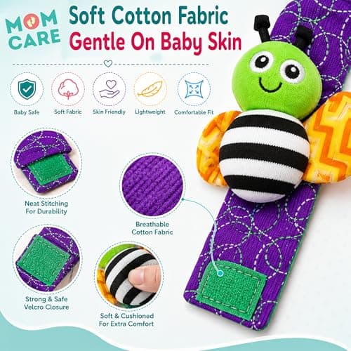 MOM CARE Wrist Rattle & Foot Finder Socks for Newborn Babies 0-12 Months | Soft Sensory Development Toy Set for Infants | Black White High Contrast Baby Toys | 4 Pcs- 1 Set 4