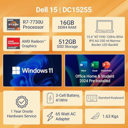 Dell 15, AMD Ryzen 7-7730U, 16GB DDR4, 512GB SSD, FHD, 15.6"/39.6cm, Windows 11, Microsoft Office Home 2024, Platinum Silver, 1.63Kg, [Dell 15], 120Hz 250nits, AMD Radeon Graphics,Thin & Light, Laptop 4
