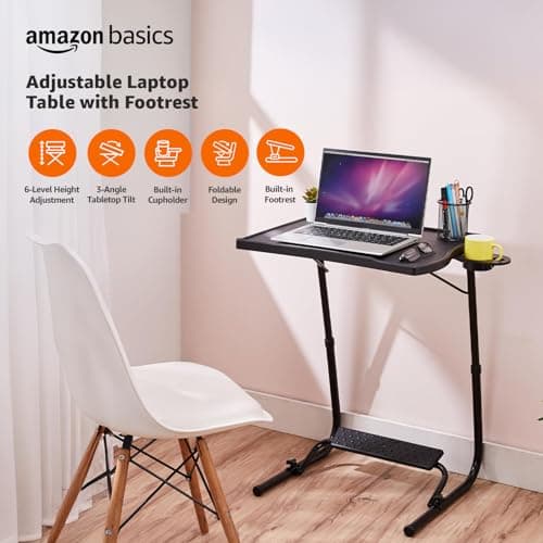 Amazon Basics Executive | Height Adjustable Laptop Table | Adjustable Table Angle | Cupholder | Footrest | Carbon Steel | Foldable | Black | 75 cm - H, 55 cm - L, 40 cm - W 2