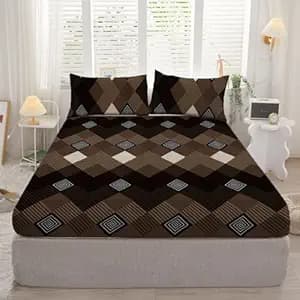 DECOMIZER 300 TC Cotton Feel All Around Elastic Fitted Glace Printed King Size Double Bed Bedsheet with 2 Large Pillow Covers Fits Upto Mattress of 8 Inches, Size - 72x78x10 Inches, Beige Coffee Box