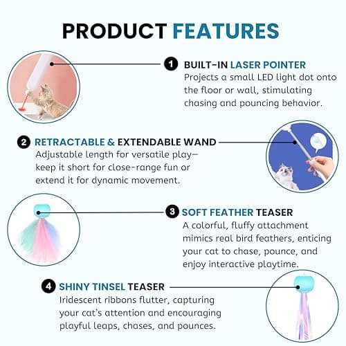 Foodie Puppies Retractable Cat Teaser Wand Toy with Laser Light, Feather Bell Refills & Colorful Tassels for Cats & Kittens | Adjustable, Recycling Design | Interactive Toy for Playing & Pouncing 4