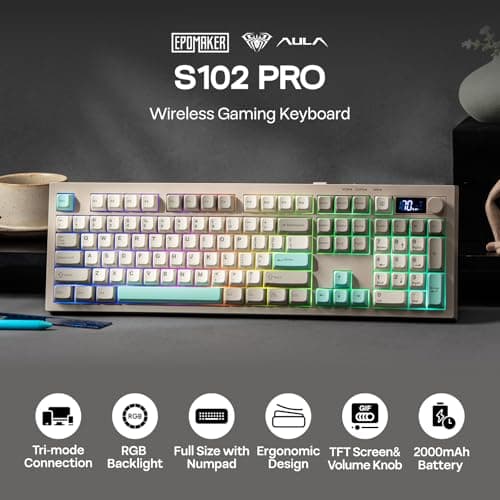 EPOMAKER AULA S102 PRO Membrane Gaming Keyboard with TFT Screen, Volume Knob & Number Pad, BT/2.4G/USB, RGB Backlit, Creamy Silicone Structure, Silent Keyboard for PC Game/Office (Grey) 2