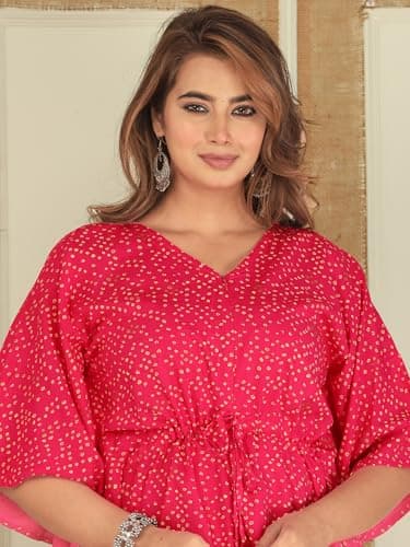 Aaheli Pink Bandhani Printed Maternity Kaftan Top & Pant Set | Soft Rayon Nursing Friendly Kurta Pant Co-Ord | V-Neck, Front Zip, Adjustable Drawstring, Comfortable Fit 4