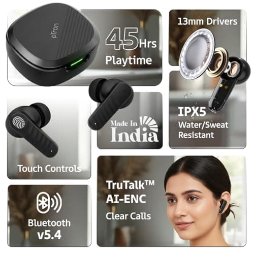 pTron Bassbuds NEO TWS Earbuds w/ 13mm Drivers, 45Hrs Playtime, Dual HD Mic & AI-ENC Calls, Custom EQ, Mobile App, Bluetooth V5.4 Earphones, Voice Assistant, Type C Fast Charging & IPX5 (Raven Black) 2