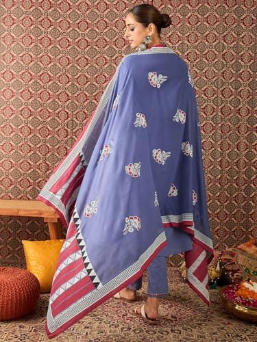 INDO ERA Women's Pure Cotton Embroidered A-Line Calf Length Kurta with Pant & Dupatta Set (Blue_IESTR10908_Small) 4