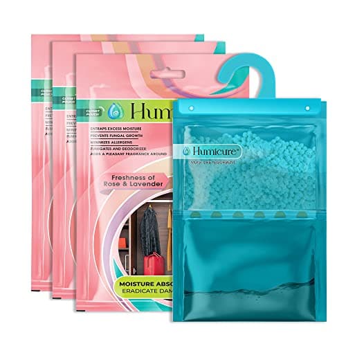 Humicure Moisture Absorber Dehumidifier Hanging Bags with 1 Litre Absorption Capacity for Wardrobe, Bathroom, Kitchen and Bedroom; Prevents Mould & Fungus (Pack of 3, 400gram each, Rose & Lavender)