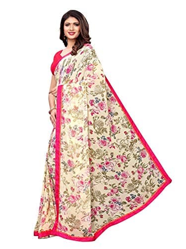 RAJESHWAR FASHION WITH RF Women's Printed Georgette Saree For Women With Lace Border & Blouse Piece(A32 BEIGE_Beige) 2