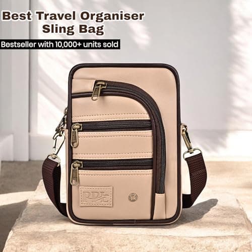 Pramadda Pure Luxury Classic Vegan Leather 7 Pocket Sling Bag For Men and Women | Compact Smart Organiser Messenger Side Mobile Bag For Easy Travel | Special Corporate Gift For Men (Classic Beige) 3