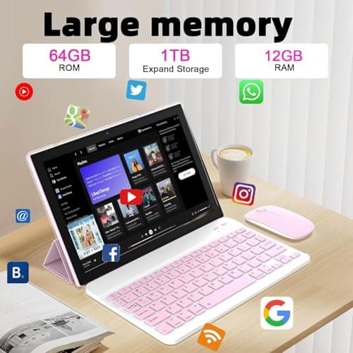 IWEGGO Android 15 Tablet, 10 Inch 12GB RAM + 64GB ROM / 1TB Expansion, 1.8Ghz Quad-core Processor, 8MP Camera 6000mAh Battery, 1280*800 Touchscreen, 2 in 1 Tablets with Keyboard Case Mouse Stylus 3