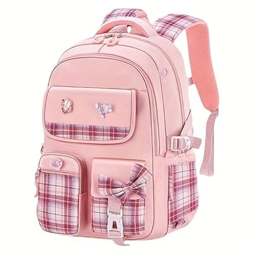 Shop Heaven Cute Bow Cartoon School Bag | 18-Inch College Laptop Backpack for Women & Teens | Aesthetic Pink Plaid Daypack with Zipper Pouch for Travel, Tuition & Coaching (PEACH)