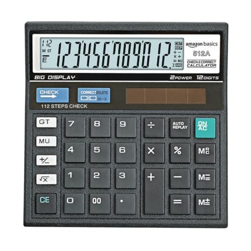 Amazon Basics Electronic Calculator (AB-512A) | 12 Digit Large Display | Dual Power (Solar + AAA Battery) | 30° Angled Screen | Big Button Design | 13 x 13 cm | Black | for Office, School & Home