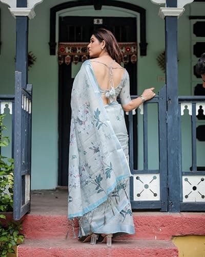 Kaugalian store Linen Cotton Floral Printed Grey & Blue Saree For Women With Unstitched Blouse Piece 3
