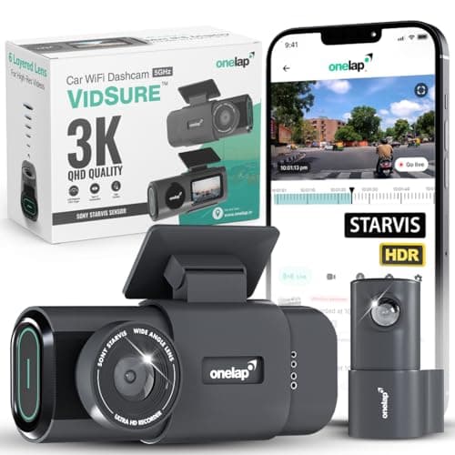Onelap Vidsure™ (2026 Edition Front + Rear) - 3K UpScaled to 4K Dashcam for Car | Real Sony STARVIS IMX335 | 5MP 3840p QHD Front | 5.8Ghz Wifi | 2MP 1080p FHD Rear | HDR |1.47" LCD | Dual Port Charger