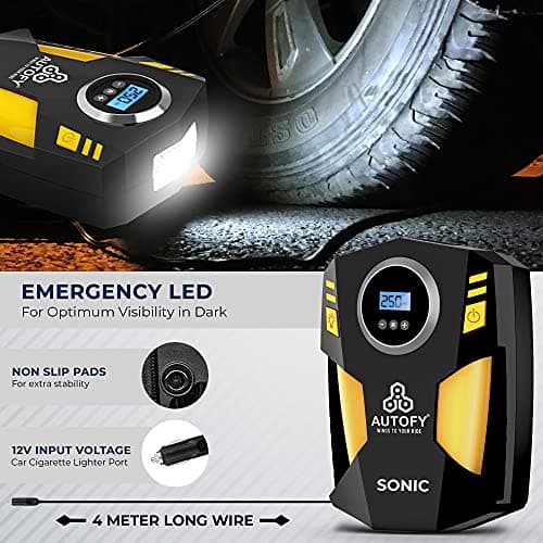 Autofy Sonic with AUTO Cut Digital Car Tyre Inflator 150PSi Portable Air Compressor Pump with Emergency LED Light (120W – with Copper Coil Motor & 22mm Metal Cylinder) 4