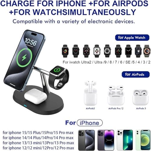 US1984 3 in 1 Magnetic MagSafe Compatible Wireless Charger for iPhone 15 to 12 Series, Compatible with Apple Watch, Typ-C 22.5W Fast Wireless Charging Station for All Wireless Compatible (Black) 5