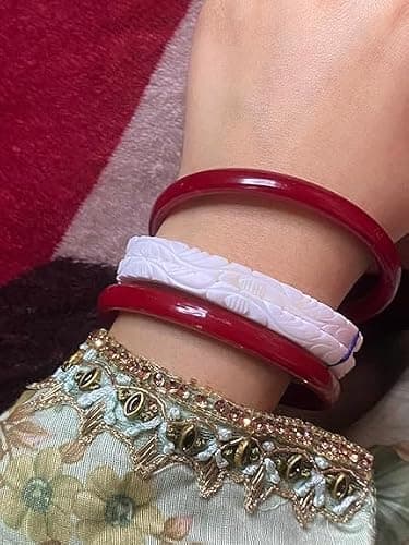 HAPPYCRAFT Original Shakha Pola Bangles for Married Women (Pack of 4) | Traditional Bengali Red White Bangles Set | Daily Ritual Puja | Classic Ethnic for Traditional Bengali Saree Styling 4