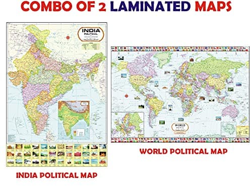 India Map & World Map Combo | LAMINATED | Size : 70 X 100 cm | India Map | World Map | Tear-Resistant, Waterproof, Adhesive Back Strips