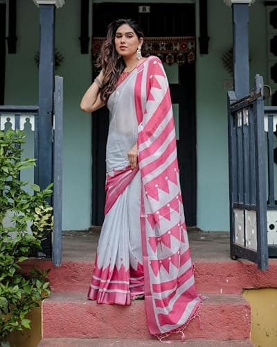 Kaugalian store Linen Cotton Geometric Printed White & Pink Saree For Women With Unstitched Blouse Piece 4