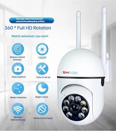 smars 3MP Full HD WiFi PTZ Security Camera | 360° Pan & Tilt | IP66 Waterproof Outdoor CCTV | Motion Detection | Color Night Vision | 2-Way Audio | Supports 128GB SD Card | 2
