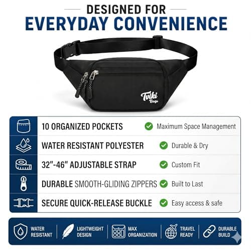 Tviki Bags - Fanny Pack/Waist Bag for Man/Waist Bag for Woman - Polyester Water Resistant Belt Bag with 10 Pockets, Adjustable Strap 32 to 46 inches for Daily Use 4