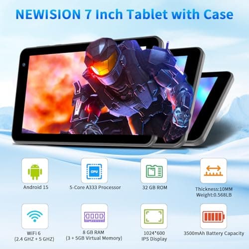 NEWISION 7 Inch Tablet with Case, Five Core Android 15 Tablets, 8GB RAM 32GB Storage 1TB Expand, 5G WiFi,1024x600 IPS HD Screen, 3500mAh, Dual Camera, Type C Tablet PC (Black) 2