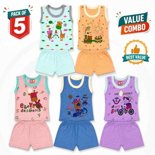 ROMYCRON Baby Boys Cotton Top Bottom Combo Pack of 5 | Sleeveless T-Shirt & Shorts Clothing Set | Soft Breathable Summer Wear | Multicolor Kids Outfit for Daily Wear (0-2 Years) (9-12 Month) 3
