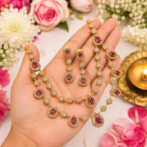 Dvina Glow Gold Plated American Diamond Necklace Set for Women | Ruby Pink Teardrop Stone CZ Necklace with Earrings | Bridal Jewellery Set for Wedding, Festive, Engagement, Traditional Indian Jewelry 4