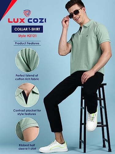 Lux Cozi Pack of 2 Grey Melange and Mint Green Regular fit Half Sleeves Polo Neck T-Shirt for Men | 100% Combed Cotton - Colour Fresh, Quick Dry, Ultra Soft (Size : X-Large) 2