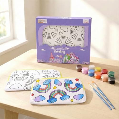 HOBBY INDIA DIY Rainbow Canvas Pouch Painting Kit for Kids | with Zip Makeup & Toiletry Art Craft Set | Birthday, School, Stationery, Travel, Pencil Bag Boy & Girl | Christmas & Return Gift