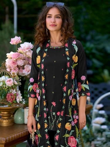 INDO ERA Women's A-Line Silk Blend Floral Embroidered Kurta with Shrug and Palazzo Set (Black_IEOUT10576_Small) 3