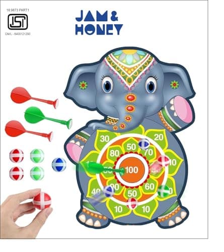 Amazon Brand - Jam & Honey Dart Game for Kids Cartoon Target Game Toy Sets Dart Board with 5 Velcro Balls and 1 Hanger -Children's Indoor Outdoor Sport Game Toys Gifts (Elephant (5 Balls and 3 Darts)) 2