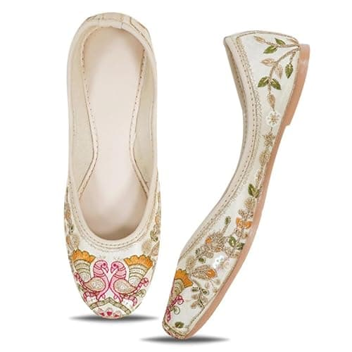 DFR Womens Embroidered Rajasthani Mojari Juti Shoe, Cream1, UK Size 6 2