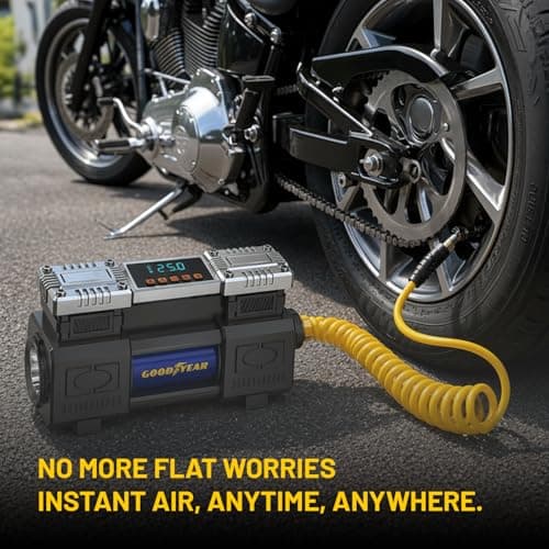 Goodyear MegaFlow50 12V Dual Cylinder Air Compressor | 150 PSI Tyre Inflator for Car, Bike & SUV | Heavy Duty Metal Body | Fast Inflation 60L/min | Digital Gauge | Portable Air Pump with Carry Case 4