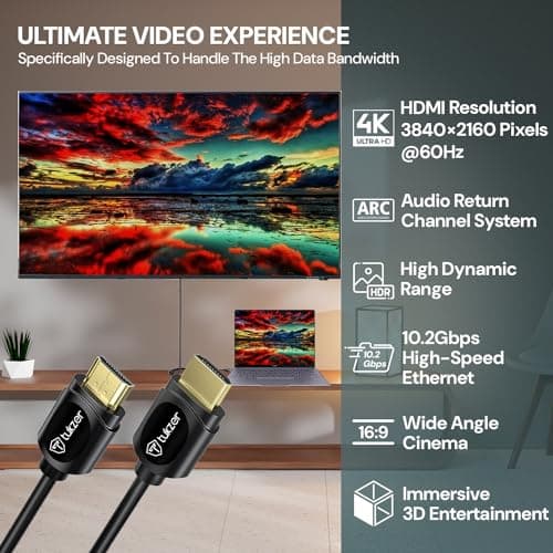 Tukzer 4K HDMI Cable, Support 3D, Ultra HD 4K @60Hz, High-Speed 10.2Gbps Ethernet, Audio Return Channel, Gold-Plated Connector| For UHD TV, Monitor, Computer, Projector, Xbox Gaming Console (3 Feet) 4