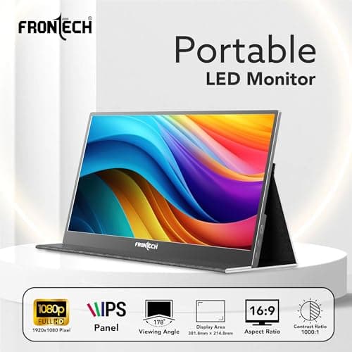 FRONTECH 17.3" Portable LED Monitor | Full HD 1920×1080 IPS Display | 60Hz Refresh Rate | Mini HDMI & Dual Type-C Ports | Built-in Speaker | Kickstand Cover | External Laptop Monitor (MON-0084) 2