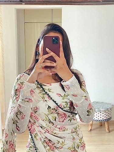 Sidhidata Women's Georgette Printed Ready To Wear one Minute Saree With Unstitched Blouse Piece (1000 Butty White_White_Free Size) 2