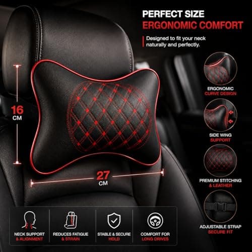 AdroitZ Faux Leather 𝗨𝗡𝗜𝗩𝗘𝗥𝗦𝗔𝗟 Car Neck Rest Pillow | Premium Embroidery Cushion Neck Pain Relief | Head Rest Support for Long Drives | Headrest Interior Seat Accessories for All Cars(Set of  2