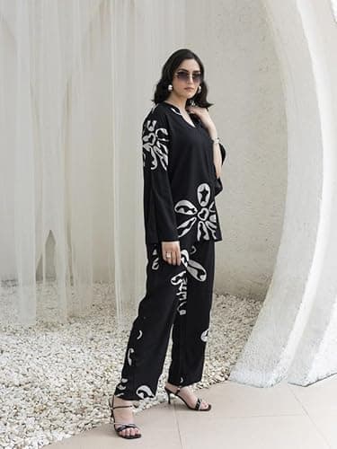 TITTLI Women's Rayon Printed Tunic and Trousers Co-Ord Set (Black, L) 4