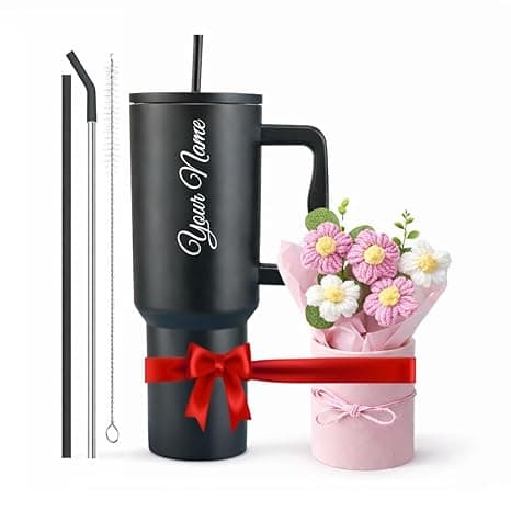 1200ml Steel Insulated Tumbler with Straw | Personalized Tumbler + Crochet Flower Bouquet Gift for Birthdays, Weddings, Anniversaries – Gift for Women, Men, and Girls (Black + Bouquet)