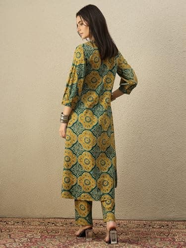 INDO ERA Women's Pure Cotton Printed Ethnic Motifs A-Line Kurta & Pant Set | Co Ord Set For Women Stylish 3