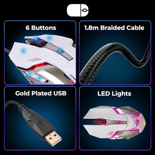 ZEBRONICS Optimus Gaming Keyboard & Mouse Combo, Braided Cable, Gold Plated USB, Upto 3600 DPI, 6 Buttons, High Resolution Sensor, Multicolor LED, Dedicated Macro Keys, 117 Keys (White) 5