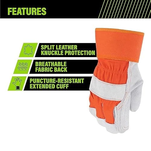 Jupiter Industries Leather Double Palm Split Canadian Heat, Cut, Wear And Tear Resistant Anti Impact Palm Coated For Handling Machinery, Mechanics & Welding Gloves - Color May Vary, Pack of 1 2