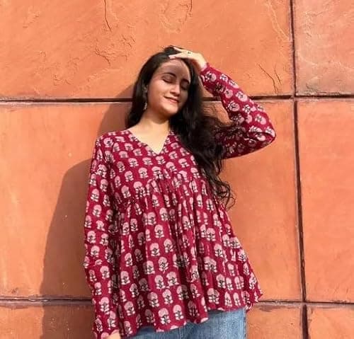 PD CLORI Women's Block Print Peplum Top, V-Neck, Full Sleeves, Floral Print, Casual Wear (in, Alpha, M, Regular, Red) 6